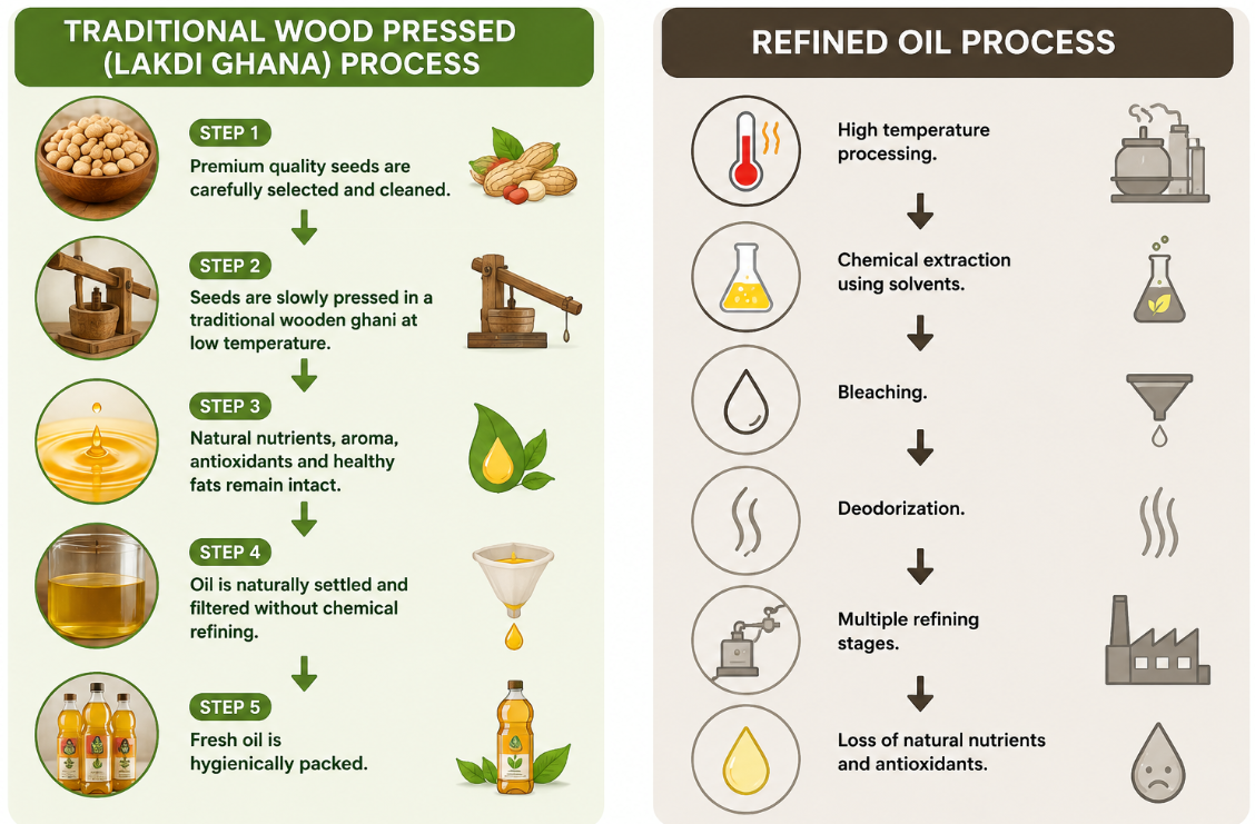 Traditional wood pressed oil and refined oil process comparison
