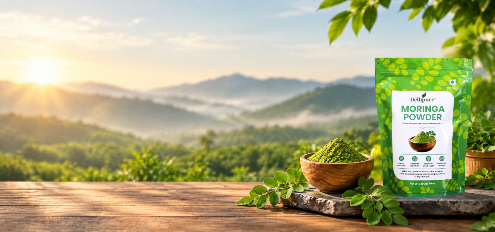 Dellipure moringa powder in a sunlit natural landscape