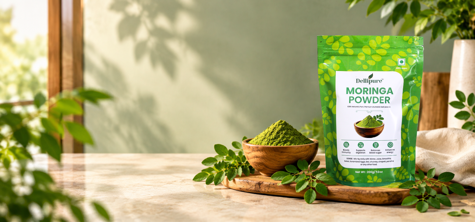 Dellipure moringa powder pouch on a bright natural kitchen counter