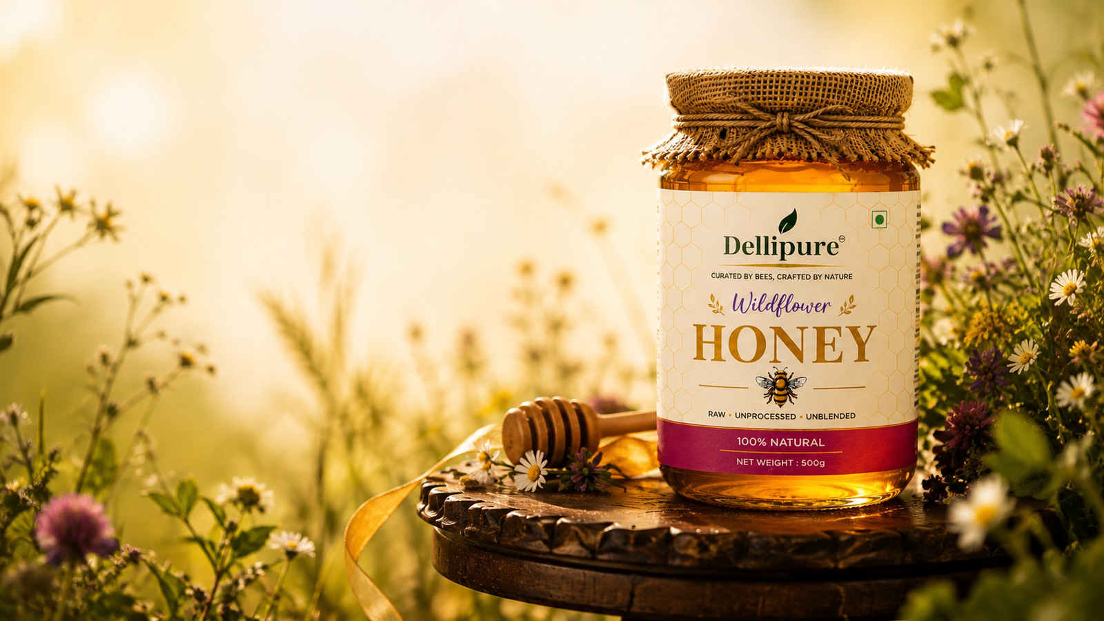 Dellipure raw wildflower honey in a meadow