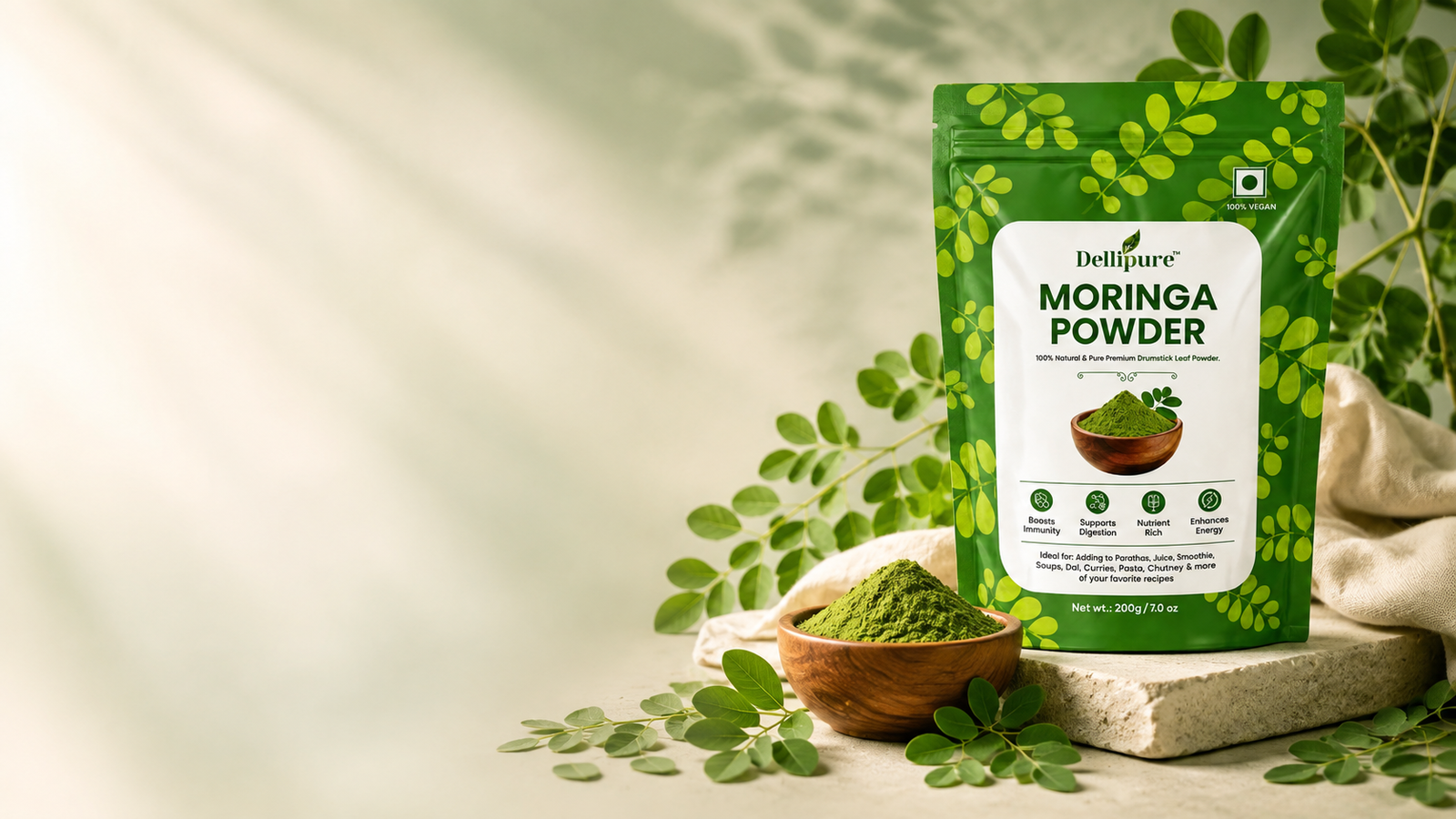 Dellipure premium moringa powder with fresh leaves